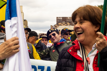 Bogota, Colombia - 18 October 2023. Peaceful protest of the members of the active reserve of the military and police forces in Bogota Colombia against the government of Gustavo Petro.のeditorial素材