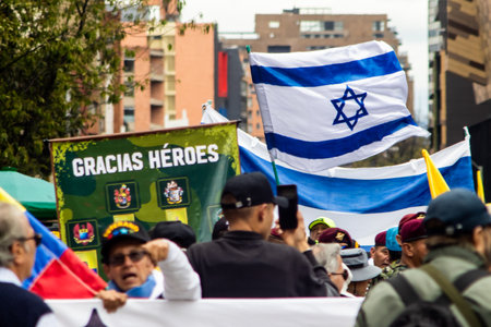 Bogota, Colombia - 18 October 2023. Israel and Colombia flags at the peaceful protest of the members of the active reserve of the military and police forces in Bogota Colombia against the government of Gustavo Petro.のeditorial素材