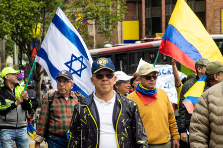 Bogota, Colombia - 18 October 2023. Peaceful protest of the members of the active reserve of the military and police forces in Bogota Colombia against the government of Gustavo Petro.のeditorial素材