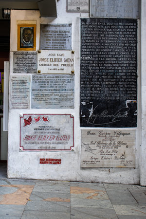 Bogota, Colombia - 19 October 2023. Commemorative plaques in honor of Jorge Eliecer Gaitan at the place where his murder occurred on April 9, 1948.のeditorial素材