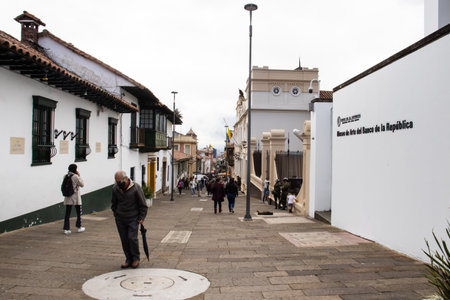 Bogota, Colombia - July 2, 2023. Beautiful colonial streets of La Candelaria neighborhood at the historical Bogota city center.のeditorial素材