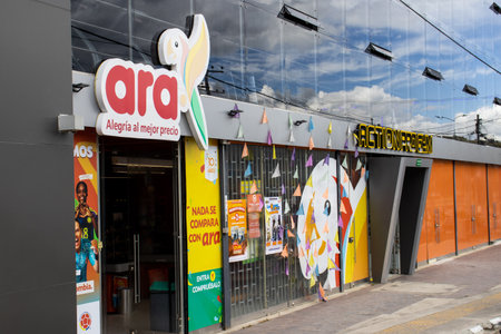 La Calera, Cundinamarca, Colombia - 31 October 2023. Facade of Tiendas Ara a low cost supermarket in La Calera.のeditorial素材