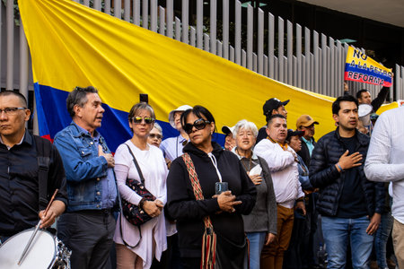 Bogota, Colombia - 14th November 2023. Daniel BriceÃ±o at the Citizen protest in front of the Ministry of Health against the Health Reform proposed by the Government of Gustavo Petro in Bogota.のeditorial素材