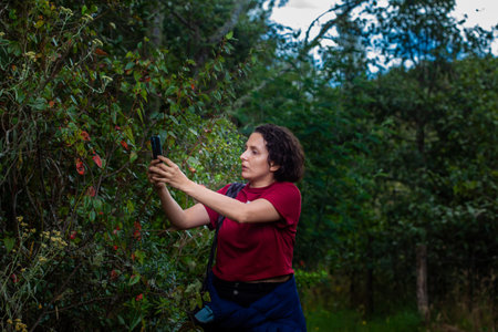 Young woman exploring the nature of a beautiful paramo at the department of Cundinamarca in Colombiaの写真素材
