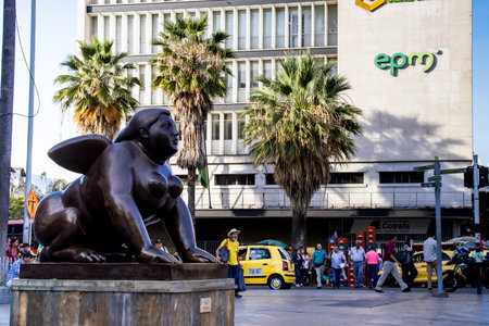 MEDELLIN, COLOMBIA - JANUARY 17, 2024: Sphinx. Bronze sculptures by the famous Colombian artist Fernando Botero Angulo in the square that bears his name in the center of the city of Medellin.のeditorial素材