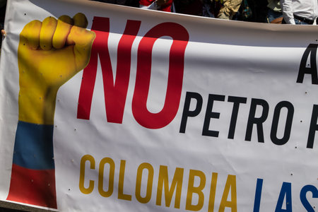BOGOTA, COLOMBIA - MARCH 6, 2024. March asking for Gustavo Petro impeachment. Peaceful protest march in Bogota Colombia against the government law reforms.のeditorial素材