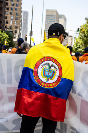 BOGOTA, COLOMBIA - MARCH 6, 2024. March asking for Gustavo Petro impeachment. Peaceful protest march in Bogota Colombia against the government law reforms.のeditorial素材
