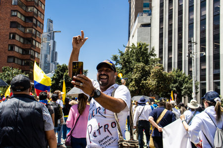 BOGOTA, COLOMBIA - MARCH 6, 2024. March asking for Gustavo Petro impeachment. Peaceful protest march in Bogota Colombia against the government law reforms.のeditorial素材