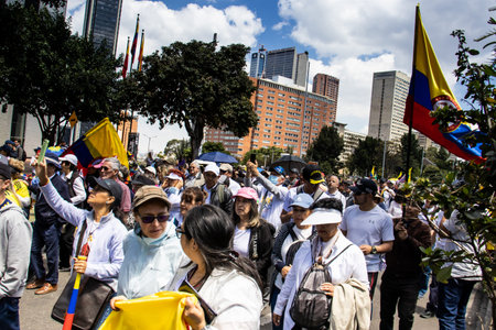 BOGOTA, COLOMBIA - MARCH 6, 2024. March asking for Gustavo Petro impeachment. Peaceful protest march...