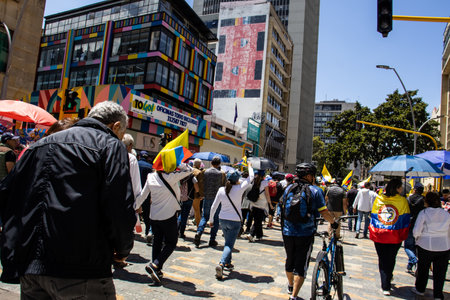 BOGOTA, COLOMBIA - MARCH 6, 2024. March asking for Gustavo Petro impeachment. Peaceful protest march in Bogota Colombia against the government law reforms.のeditorial素材