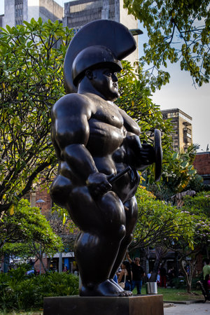 MEDELLIN, COLOMBIA - JANUARY 17, 2024: Roman Soldier. Bronze sculptures by the famous Colombian artist Fernando Botero Angulo in the square that bears his name in the center of the city of Medellin.のeditorial素材