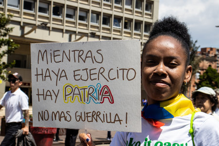 BOGOTA, COLOMBIA - MARCH 6, 2024. March asking for Gustavo Petro impeachment. Peaceful protest march in Bogota Colombia against the government law reforms.のeditorial素材