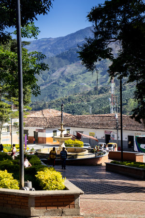 PACORA, COLOMBIA - JANUARY 15, 2024: Central square of the beautiful small town of Pacora in the department of Caldas in Colombiaのeditorial素材