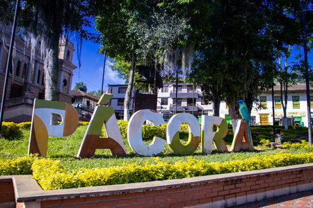 PACORA, COLOMBIA - JANUARY 15, 2024: Central square of the beautiful small town of Pacora in the department of Caldas in Colombiaのeditorial素材