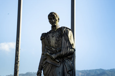 PACORA, COLOMBIA - JANUARY 15, 2024: Simon Bolivar statue at the central square of the beautiful small town of Pacora in the department of Caldas in Colombiaのeditorial素材