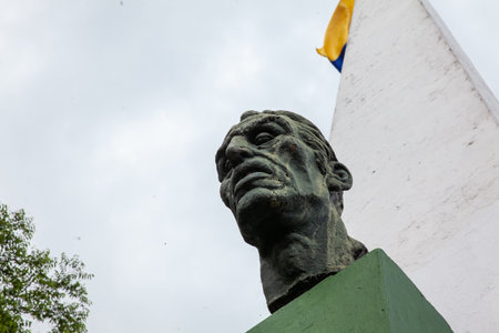 GUADUAS, COLOMBIA - JANUARY 12, 2024: Monument to the Comuneros Revolution leader Jose Antonio Galan at the the Heritage Town of Guaduas where in 1782 the cage with his head arrived.のeditorial素材