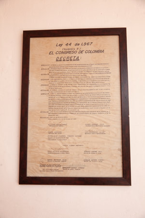 GUADUAS, COLOMBIA - JANUARY 12, 2024: Copy of the Law 44 of 1967 by which the Nation is associated with the commemoration of the sesquicentennial of the sacrifice of the national heroine Policarpa Salavarrieta.のeditorial素材