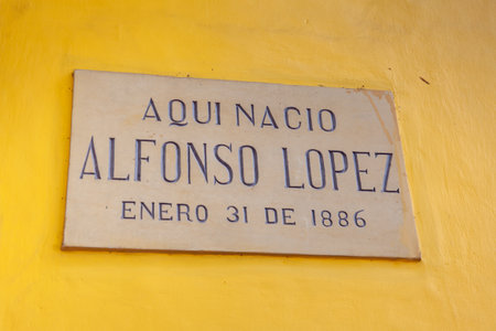 HONDA, COLOMBIA - JANUARY 12, 2024: Sign at the entrance of the natal house of the twice President of Colombia Alfonso Lopez Pumarejo in the heritage town of Hondaのeditorial素材