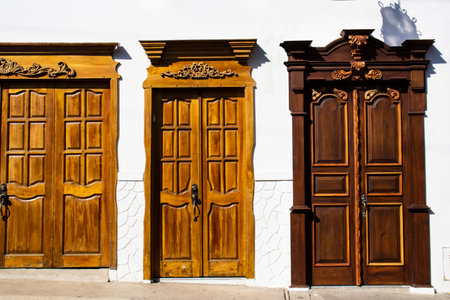 Beautiful facade of the houses at the historical center of the heritage town of Salamina located at the Caldas department in Colombia.の写真素材