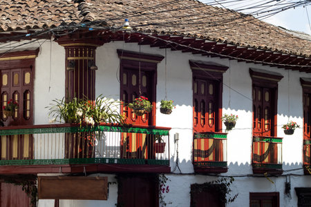 Beautiful facade of the houses at the historical center of the heritage town of Salamina located at the Caldas department in Colombia.の写真素材