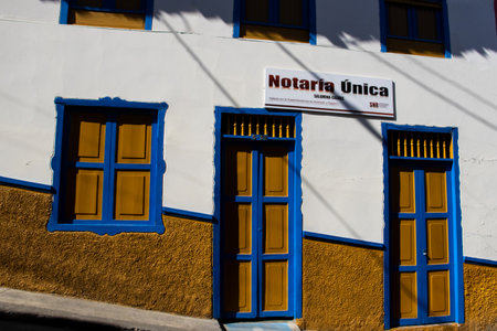 SALAMINA, COLOMBIA - JANUARY 14, 2024: Unique notary office at the heritage town of Salamina located at the Caldas department in Colombia.のeditorial素材