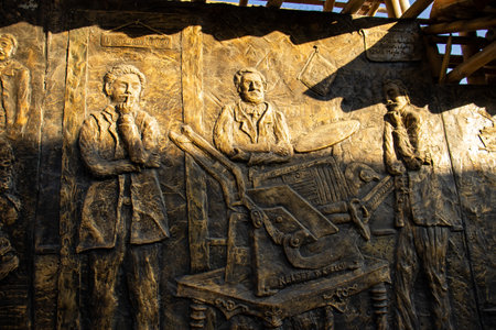 SALAMINA, COLOMBIA - JANUARY 14, 2024: Detail of a beautiful mural by Fernando Toro Ceballos at the heritage town of Salamina located at the Caldas department in Colombia.のeditorial素材