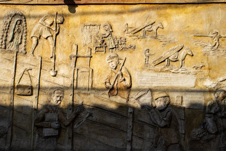 SALAMINA, COLOMBIA - JANUARY 14, 2024: Detail of a beautiful mural by Fernando Toro Ceballos at the heritage town of Salamina located at the Caldas department in Colombia.のeditorial素材