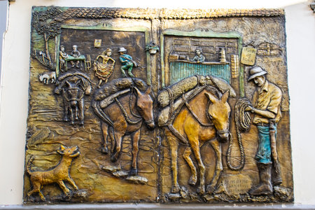 SALAMINA, COLOMBIA - JANUARY 14, 2024: Detail of a beautiful mural by Fernando Toro Ceballos at the heritage town of Salamina located at the Caldas department in Colombia.のeditorial素材