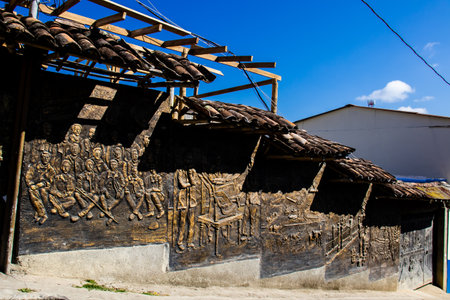 SALAMINA, COLOMBIA - JANUARY 14, 2024: Detail of a beautiful mural by Fernando Toro Ceballos at the heritage town of Salamina located at the Caldas department in Colombia.のeditorial素材