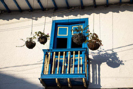 Beautiful facade of the houses at the historical center of the heritage town of Salamina located at the Caldas department in Colombia.の写真素材