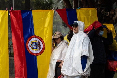 BOGOTA, COLOMBIA - April 21, 2024. March asking for Gustavo Petro impeachment. Peaceful protest march in Bogota Colombia against the law reforms of Gustavo Petro government.のeditorial素材