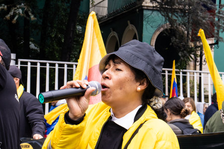 BOGOTA, COLOMBIA - April 21, 2024. March asking for Gustavo Petro impeachment. Peaceful protest march in Bogota Colombia against the law reforms of Gustavo Petro government.のeditorial素材