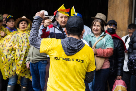 BOGOTA, COLOMBIA - April 21, 2024. March asking for Gustavo Petro impeachment. Peaceful protest march in Bogota Colombia against the law reforms of Gustavo Petro government.のeditorial素材