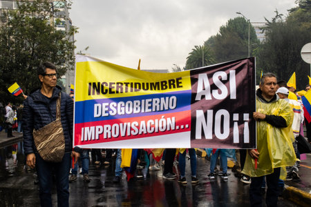 BOGOTA, COLOMBIA - April 21, 2024. March asking for Gustavo Petro impeachment. Peaceful protest march in Bogota Colombia against the law reforms of Gustavo Petro government.のeditorial素材