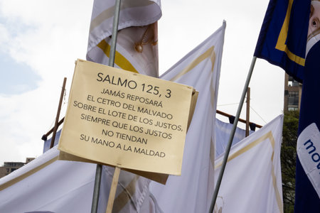 BOGOTA, COLOMBIA - April 21, 2024. March asking for Gustavo Petro impeachment. Peaceful protest march in Bogota Colombia against the law reforms of Gustavo Petro government.のeditorial素材