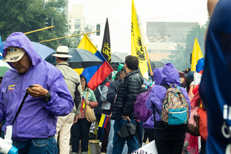 BOGOTA, COLOMBIA - April 21, 2024. March asking for Gustavo Petro impeachment. Peaceful protest march in Bogota Colombia against the law reforms of Gustavo Petro government.のeditorial素材
