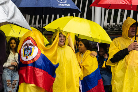 BOGOTA, COLOMBIA - April 21, 2024. March asking for Gustavo Petro impeachment. Peaceful protest march in Bogota Colombia against the law reforms of Gustavo Petro government.のeditorial素材