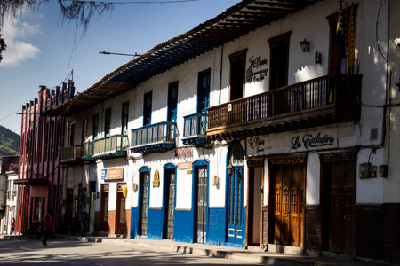 SALAMINA, COLOMBIA - JANUARY 14, 2024: Beautiful streets at the historical downtown of the heritage town of Salamina located at the Caldas department in Colombia.のeditorial素材