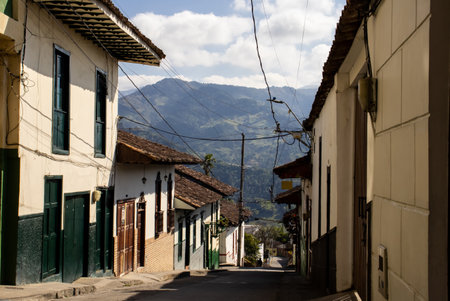 Beautiful streets at the historical downtown of the heritage town of Salamina located at the Caldas department in Colombia.の写真素材