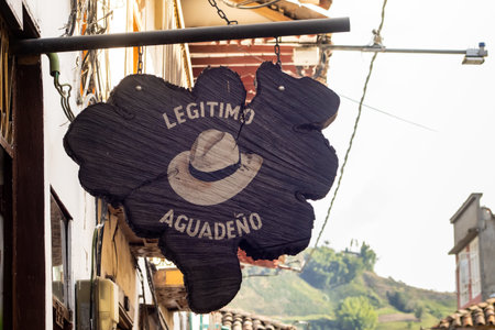 SALAMINA, COLOMBIA - JANUARY 14, 2024: Hat shop. Traditional Colombian hat called aguadeno at the beautiful heritage town of Salamina in the department of Caldas in Colombia.のeditorial素材