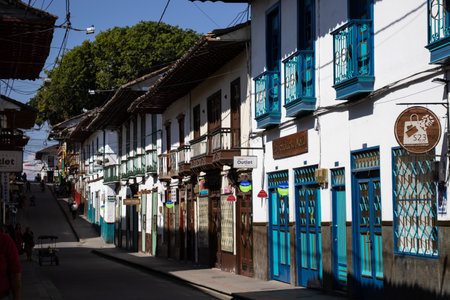 SALAMINA, COLOMBIA - JANUARY 14, 2024: Beautiful streets at the historical downtown of the heritage town of Salamina located at the Caldas department in Colombia.のeditorial素材