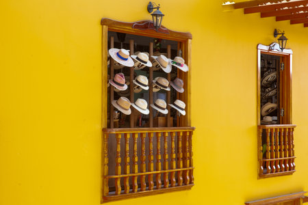 AGUADAS, COLOMBIA - JANUARY 15, 2024: Traditional Colombian hats at the beautiful streets of the heritage town of Aguadas located at the Caldas department in Colombia.のeditorial素材