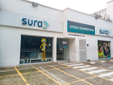 CALI, COLOMBIA - JUNE 02, 2024: Facade of a closed SURA EPS health care center. Closed EPS concept.のeditorial素材