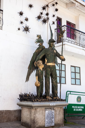 AGUADAS, COLOMBIA - JANUARY 15, 2024: Monument to the Guardian Police in Aguadas at the historical downtown of the heritage town of Aguadas in Colombia.のeditorial素材