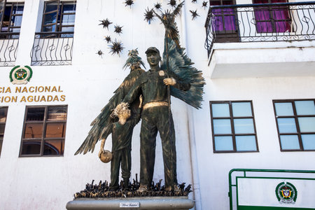 AGUADAS, COLOMBIA - JANUARY 15, 2024: Monument to the Guardian Police in Aguadas at the historical downtown of the heritage town of Aguadas in Colombia.のeditorial素材