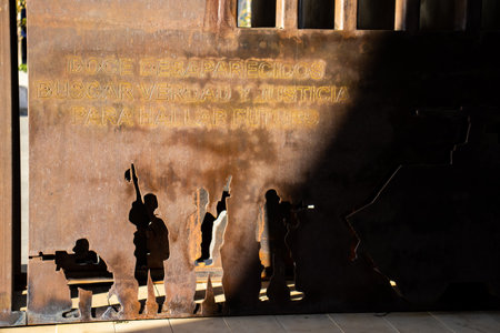 Medellin, Colombia - January 18, 2024: Razed Justice, Holocaust Never Again. Monument in memory of the victims of the Takeover of the Palace of Justice by the terrorist group M19.のeditorial素材