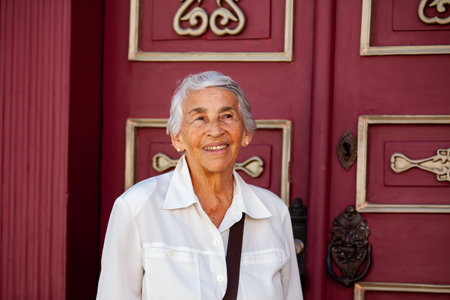 Senior woman tourist at the beautiful Heritage Town of Jerico located in the Department of Antioquia...