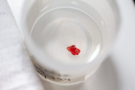 Container with a skin lesion removed from a patient. Dermatologist carrying out a removal of benign...