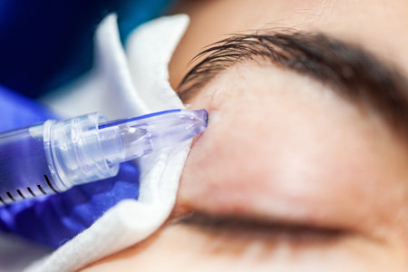 Female patient receiving a mesotherapy hydration procedure on eyelids with microneedles at...