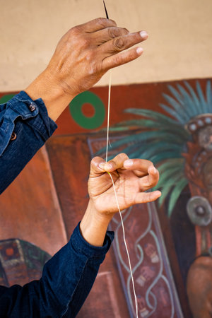 Sharp spine of agave leaves used as sewing needles. Tourist guide showing the importance of the agave plant for the ancient cultures to a group of tourists at the Teotihuacan archaeological site.の写真素材